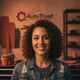 Close-up portrait of a smiling woman in her late 30s, exuding trust and satisfaction against a blurred background with warm, 