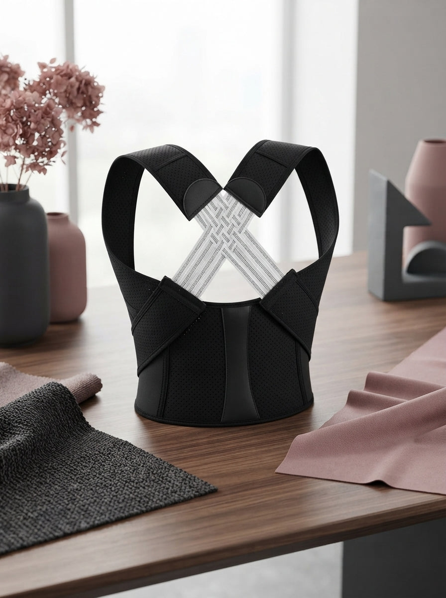 A posture corrector displayed on a wooden surface with dusty rose and charcoal accessories, showcasing its sleek and breathab