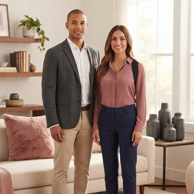 Diverse man and woman standing with improved alignment wearing a discreet posture corrector under their clothing in a modern 